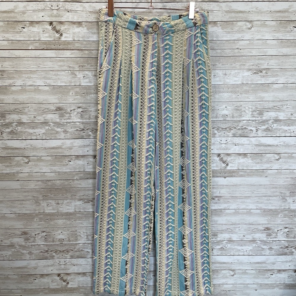 En Creme Womens M Pants Blue Purple Wide Leg Embroidered Beachy Boho 100% Cotton